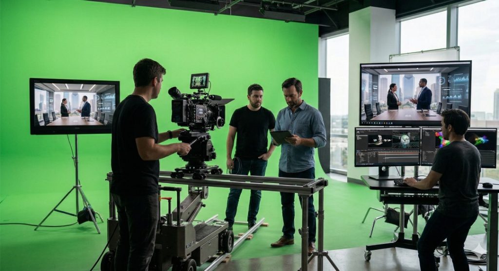 Film crew for a commercial video production company houston using a green screen studio and professional editing gear.