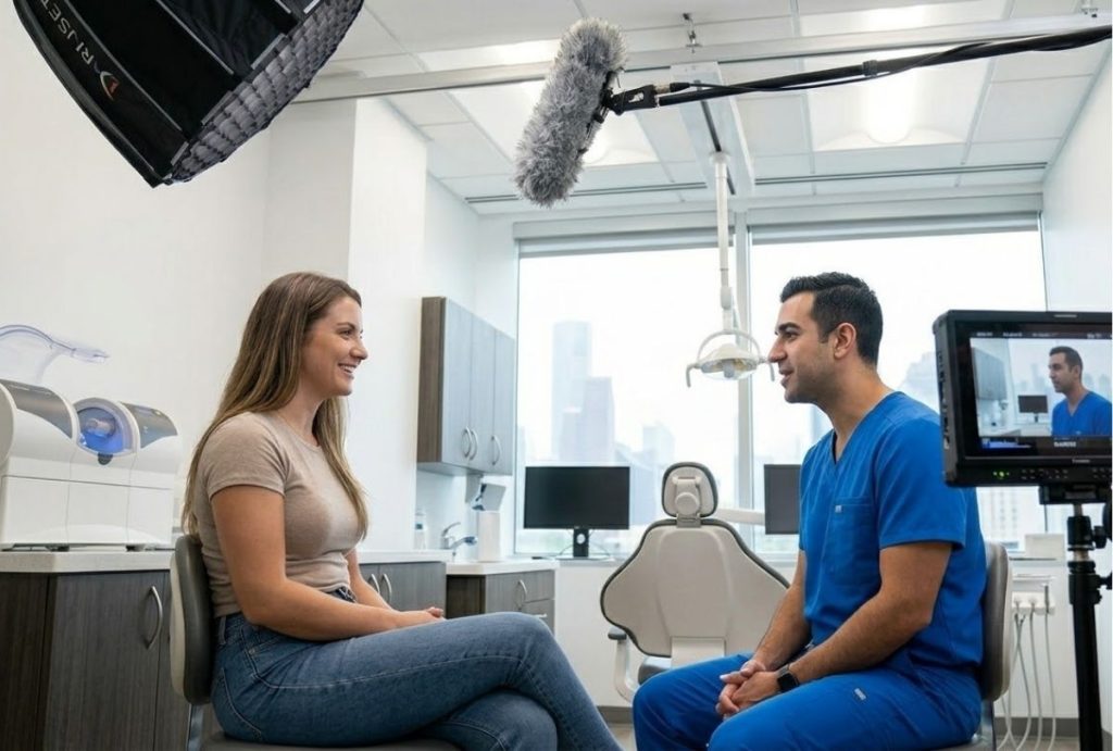 High-end dental video production Houston interview: a boom mic captures an authentic patient testimonial in a modern clinic.