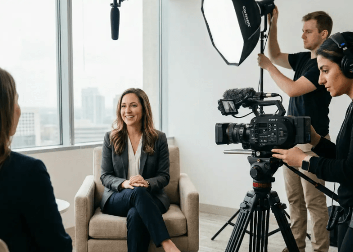 Intimate close-up interview as part of Testimonial Video Production Houston in a modern high-rise office.