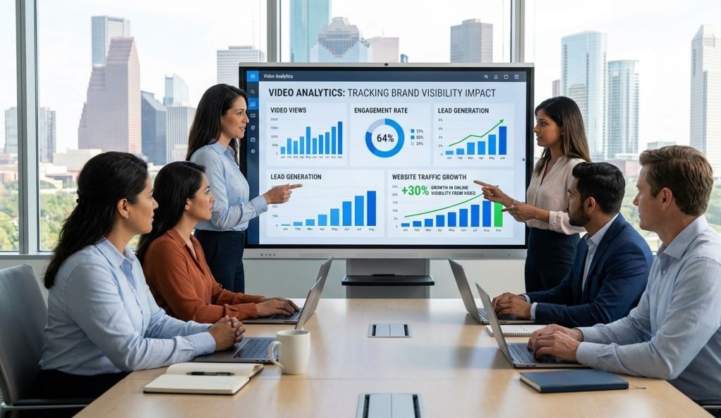 A diverse Houston marketing team analyzes a video performance dashboard, tracking growth and visibility impact from business video production.