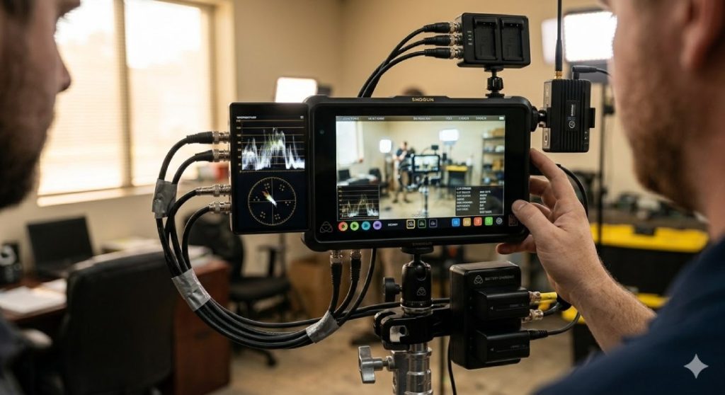 Production crew video and waveform data on an advanced electronic screen for a Business video production Houston project.