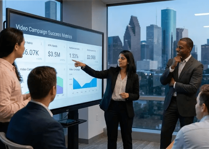 Production team reviews metrics on a screen with the Houston skyline, showing corporate video production agency houston results.