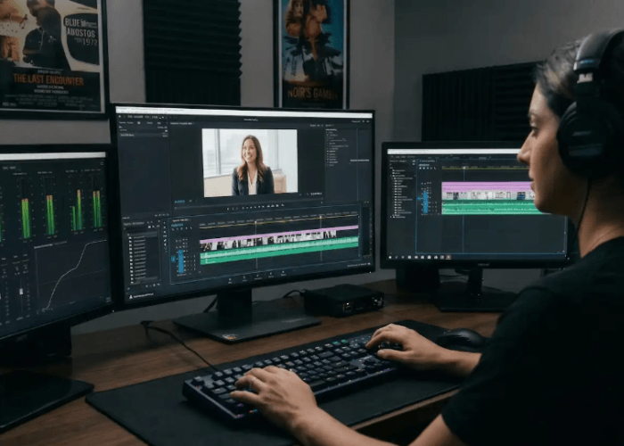 Professional editing for a testimonial video production Houston, featuring a video editor with a multi-monitor setup.