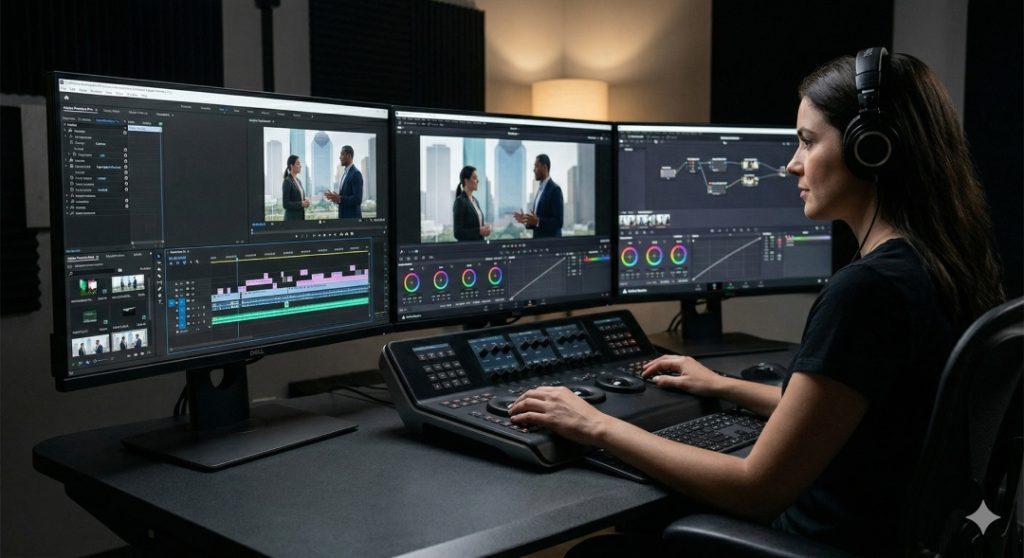 Professional editor working at a commercial video production company houston using high-end color grading equipment.
