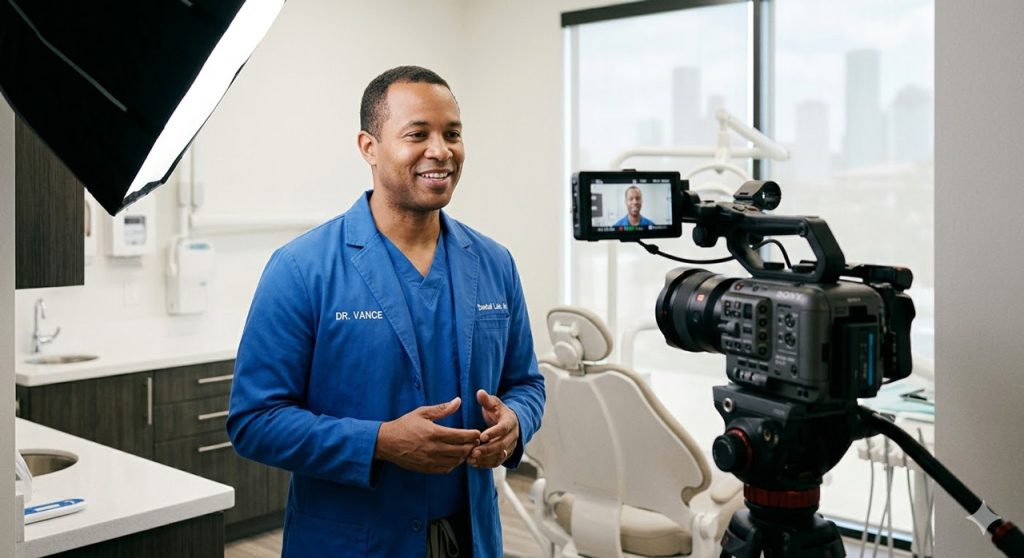 A smiling dentist creates high-quality marketing content during a professional dental video production houston shoot.