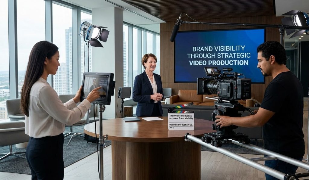 Professional business video production Houston team filming a corporate leader for enhanced brand visibility and reach.