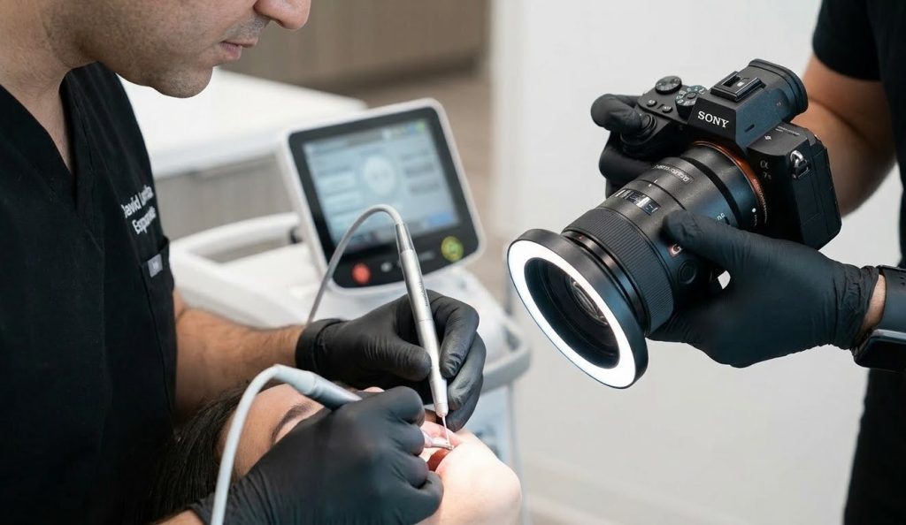 A videographer captures a laser dentistry procedure, highlighting precision dental video production Houston.