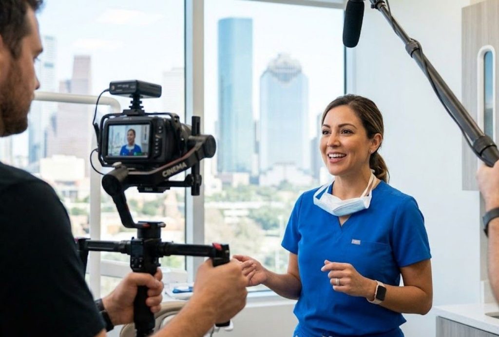 On set for a professional dental promotional video in Houston, a female dentist smiles as she speaks during filming.