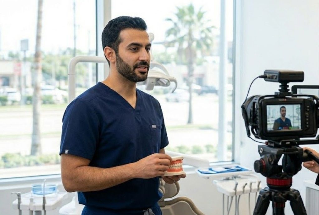 Male dentist presenting with a denture model on a professional film set for a dental promotional video in Houston.