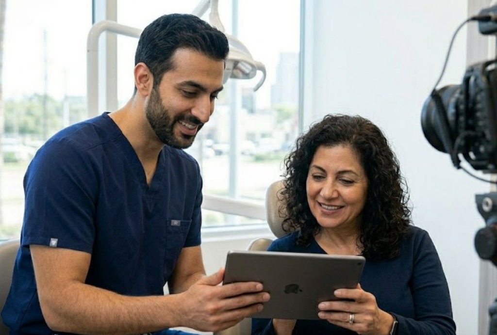On set for a professional dental promotional video in Houston, a smiling patient views a tablet with her dentist.