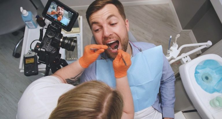 Close up filming of a dental procedure for high quality dentist explainer video production Houston marketing assets.
