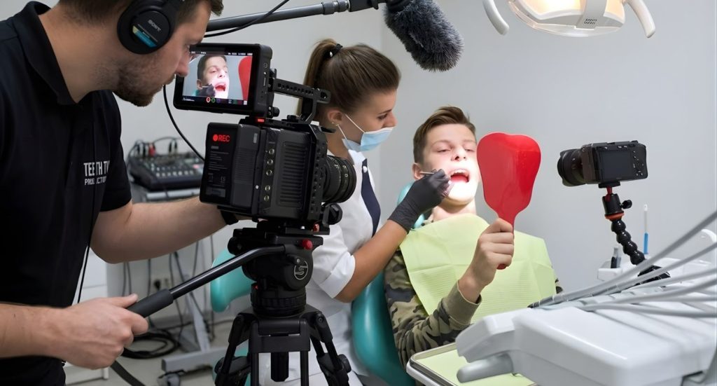 Behind the scenes of a dentist explainer video production Houston project featuring a professional film crew setup. 