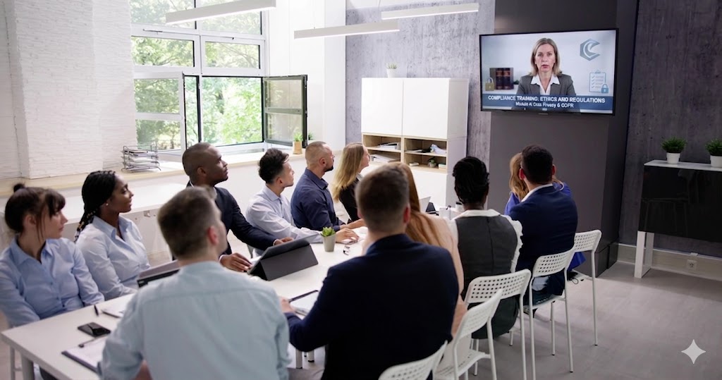 Diverse corporate team watches a compliance training video in a modern office, showcasing industrial video production Houston.