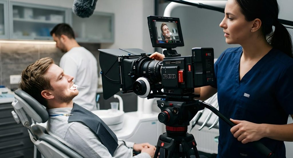 High-end RED cinema camera used for dentist explainer video production Houston during a professional dental shoot. 