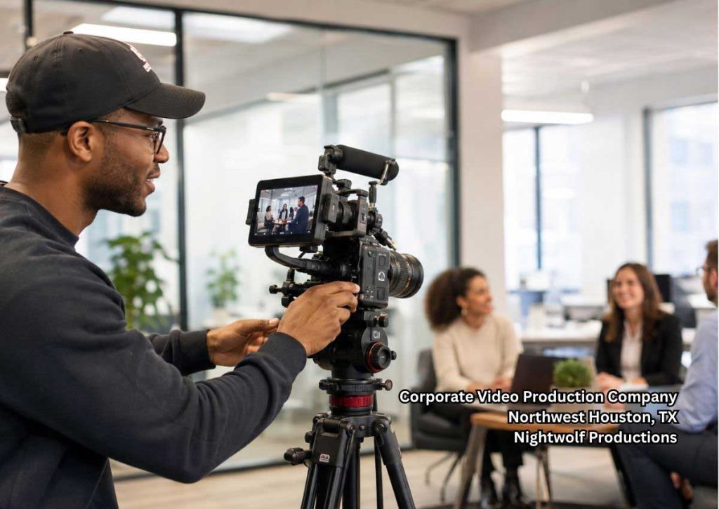 Videographer filming a team meeting in a modern office for a corporate video production company Houston employers trust