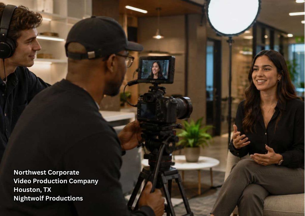Videographer filming an employee interview setup for a corporate video production company Houston businesses hire.