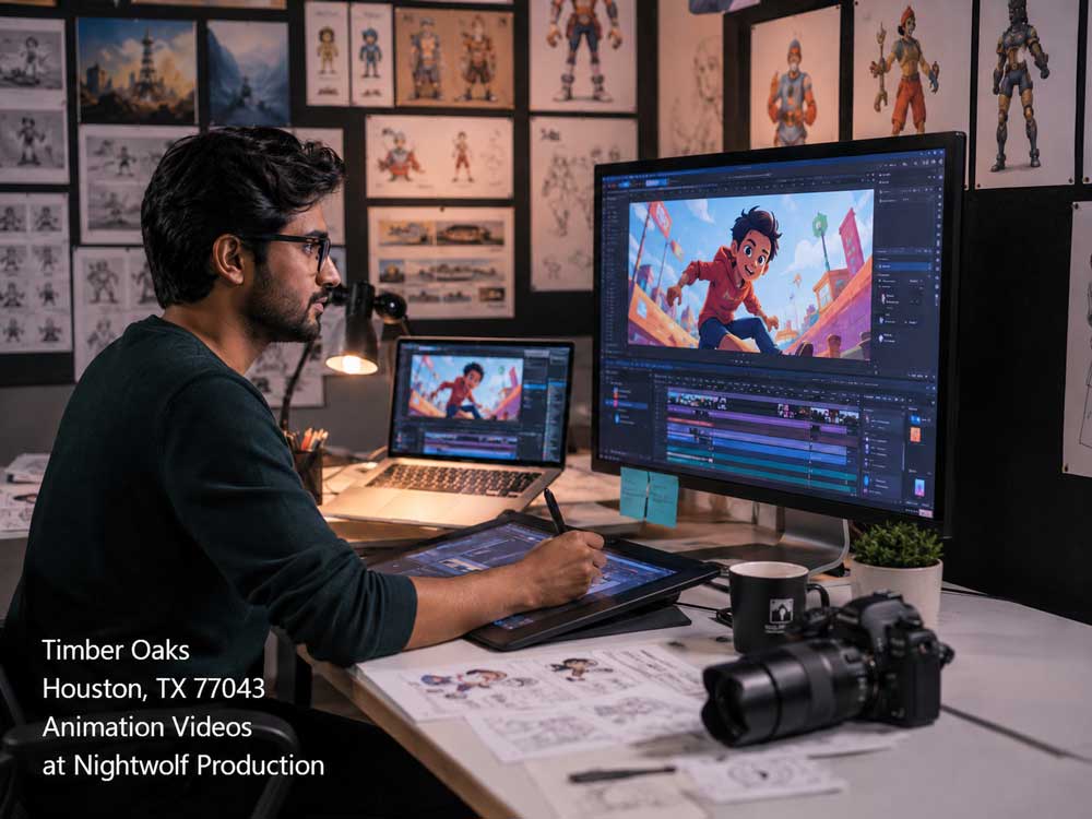 Professional animator rendering 2D animation videos at a desk setup with a tablet at Nightwolf Productions in Houston.