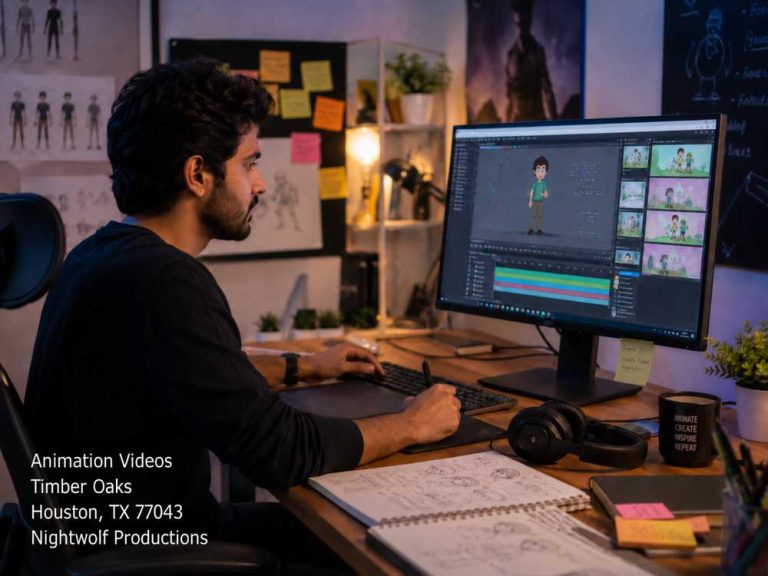 Professional animator rendering 2D animation videos at a desk setup with a tablet at Nightwolf Productions in Houston.