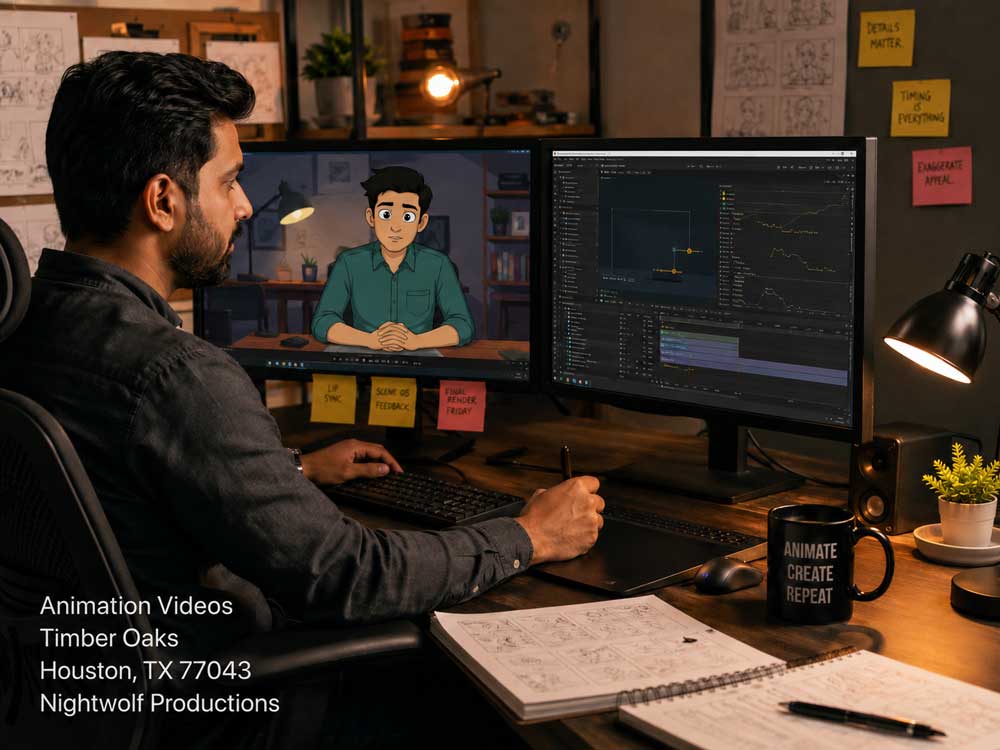 Digital artist editing 2D animation videos and syncing lip audio using dual monitors at Nightwolf Productions studio.