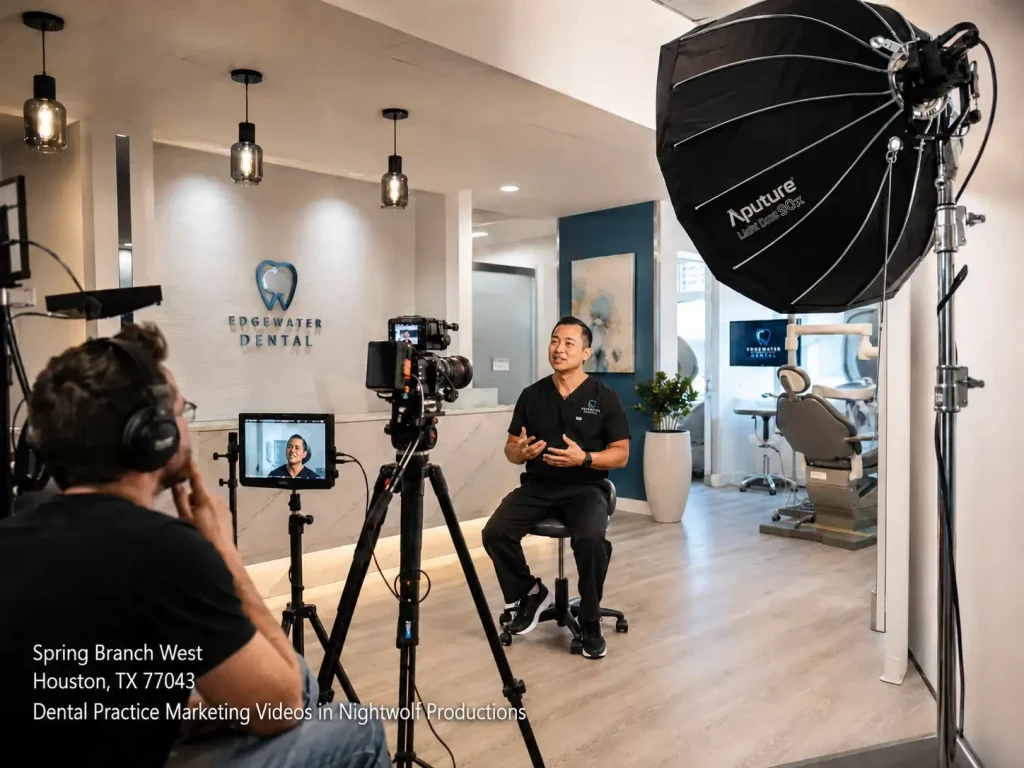Production crew interviewing a dentist on camera during production of dental practice marketing videos Houston TX.