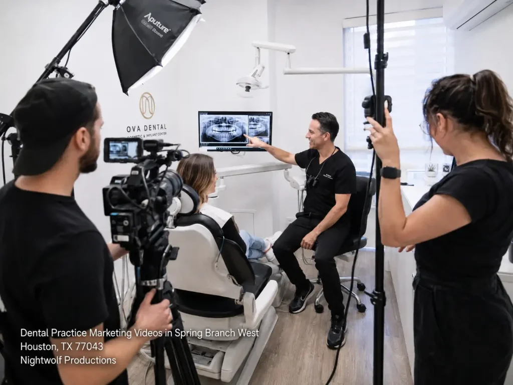 Videographer recording a dentist reviewing X-rays with a patient for dental practice marketing videos Houston TX.