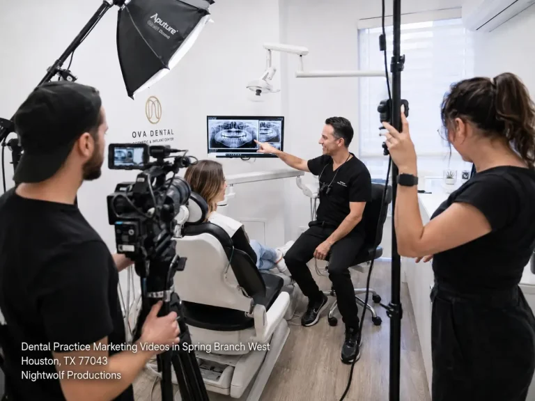 Videographer recording a dentist reviewing X-rays with a patient for dental practice marketing videos Houston TX.