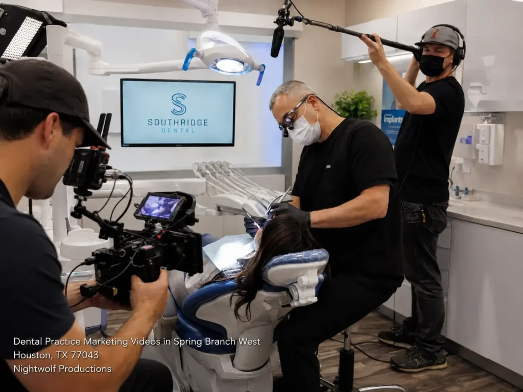 Film crew filming a dentist treating a patient for high quality dental practice marketing videos Houston TX clinic.