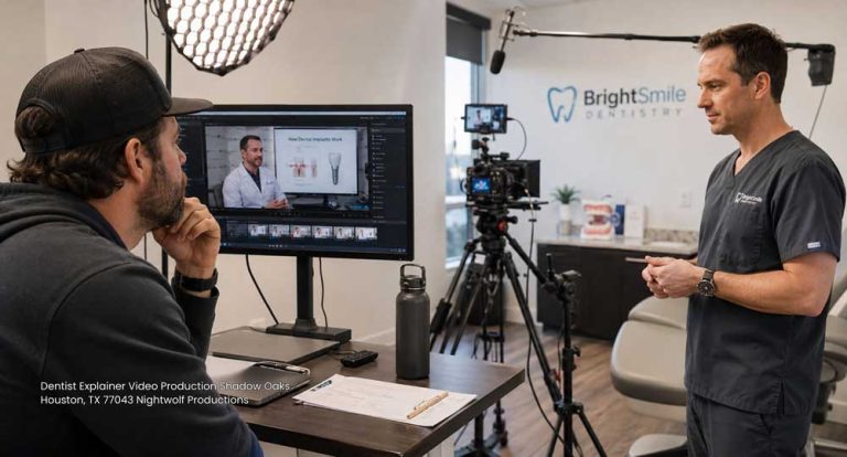 A film editor reviews a dentist explainer video production Houston scene inside a modern dental office setting.