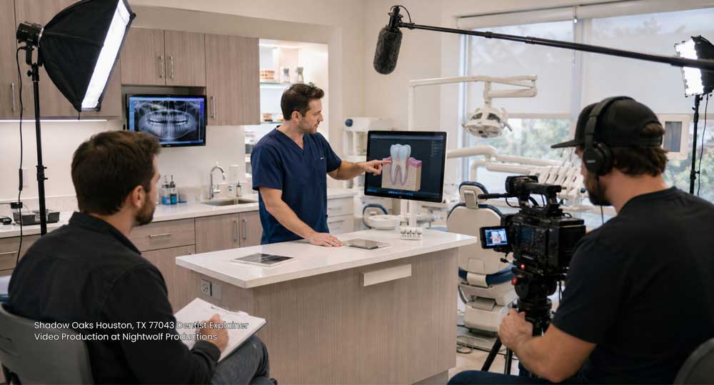 A professional crew films a dentist explainer video production Houston project showcasing tooth anatomy on a monitor.