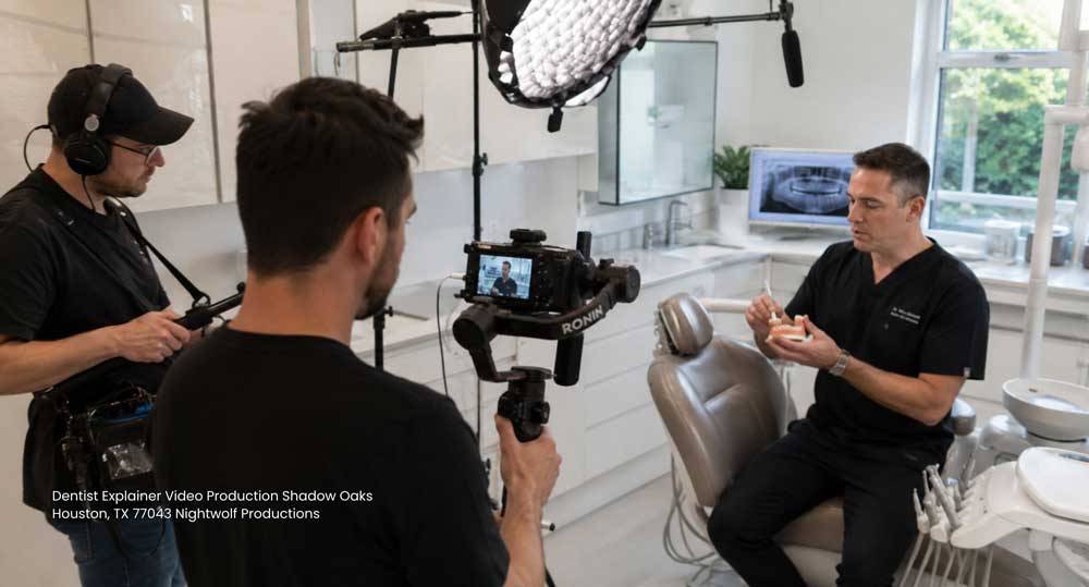 A videographer uses a stabilizer for a dentist explainer video production Houston shoot with a dentist holding a model.