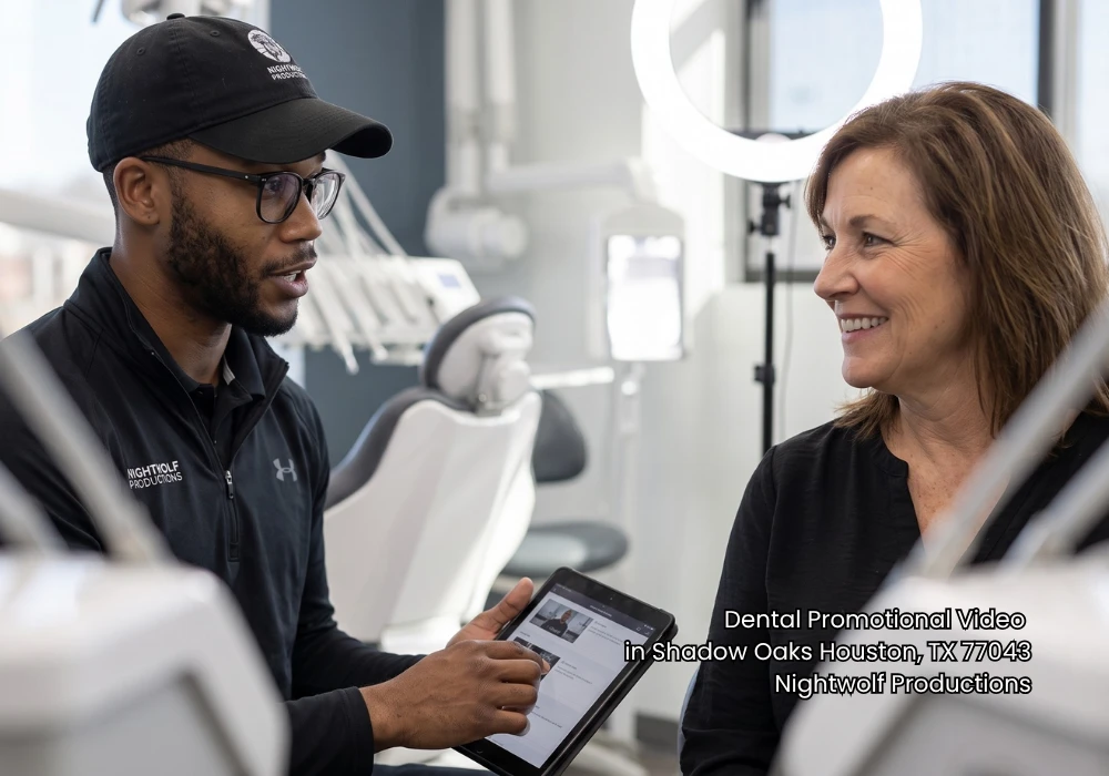 Director using a digital tablet to review concepts for a dental promotional video Houston campaign with a client.