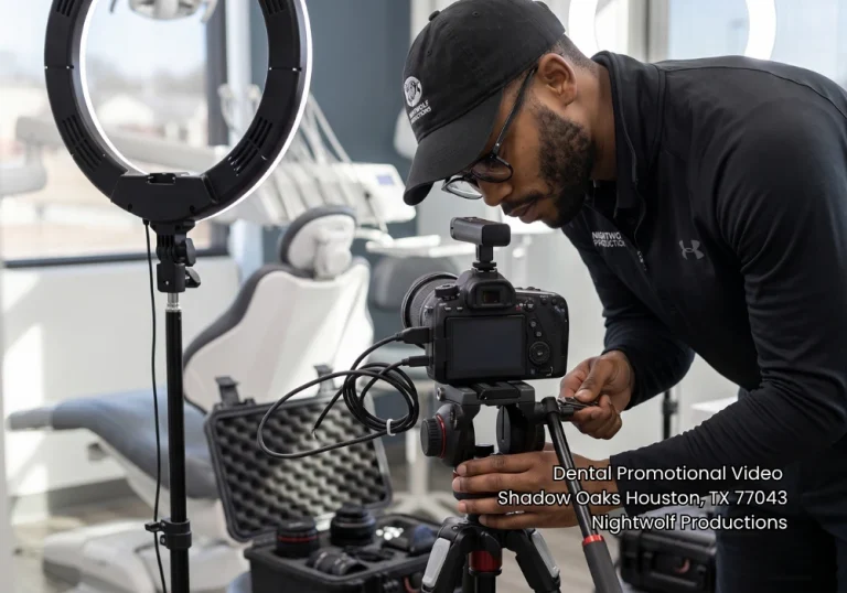 Videographer setting up a camera and ring light for a professional dental promotional video Houston project.