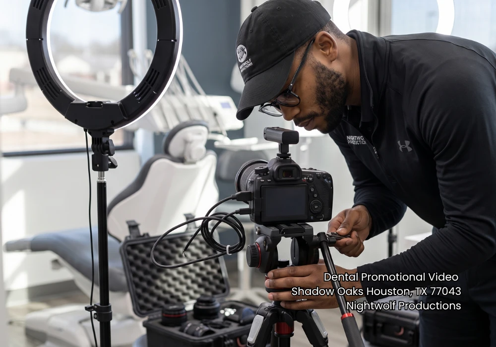 Videographer setting up a camera and ring light for a professional dental promotional video Houston project.