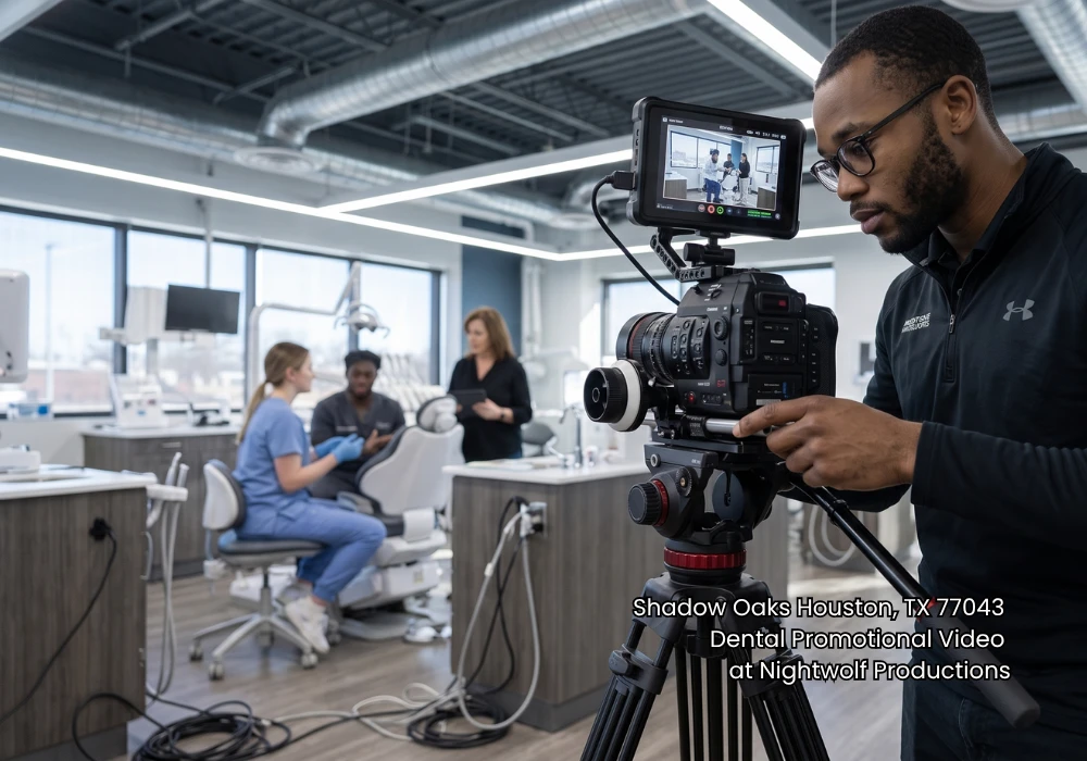 Videographer filming on-site inside a modern office for a high-quality dental promotional video Houston production.