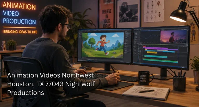 Digital artist working on professional 2D animation video production software using dual desktop computer screens.