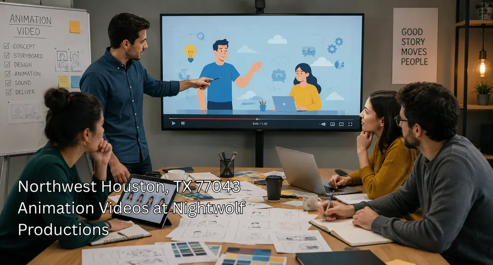 Video editor designing engaging animation videos with voiceover microphone in a dark professional studio setup.