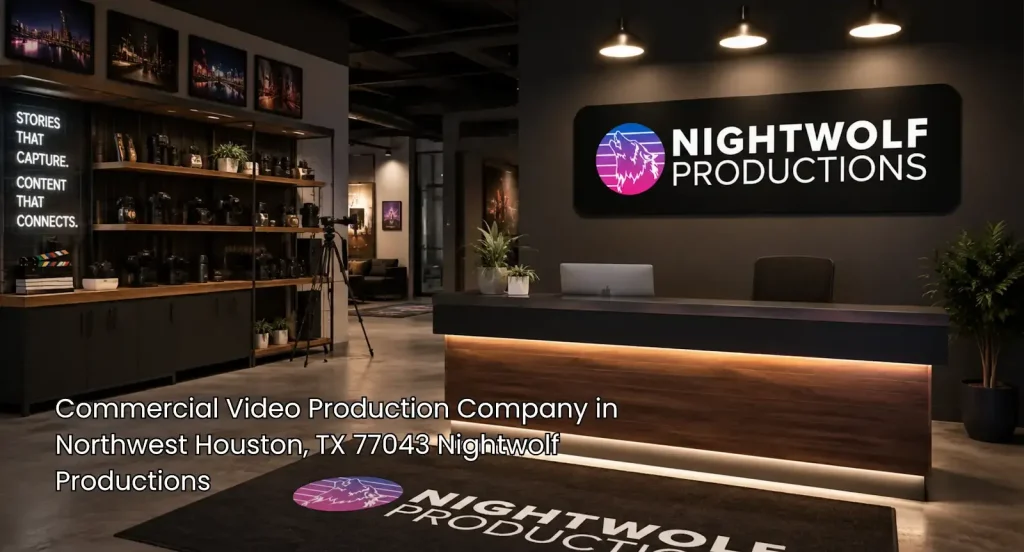 Commercial video production company Houston studio lobby with branded reception, camera gear, warm lighting, and clean décor.