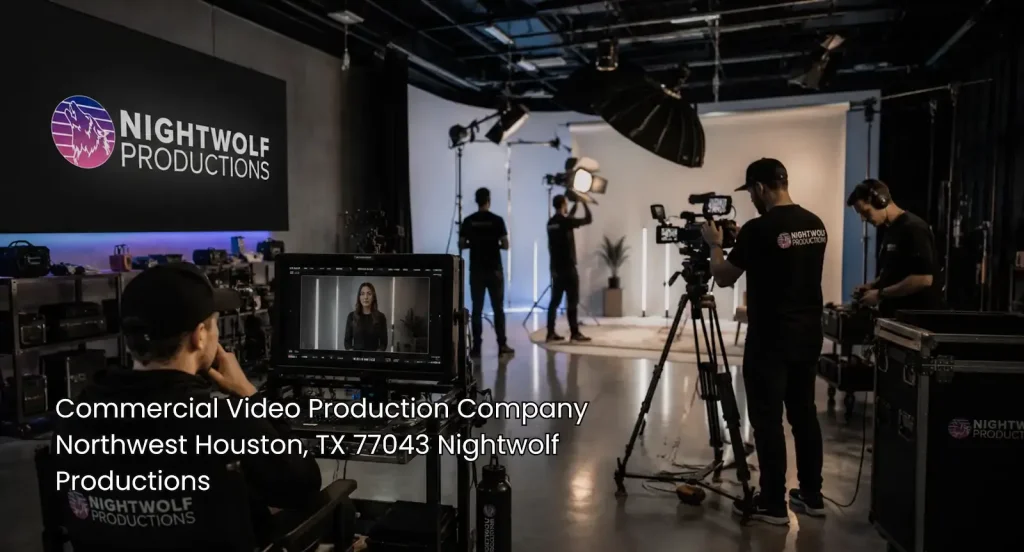 Commercial video production company Houston film crew using cameras, studio lights, and production monitors during a shoot.