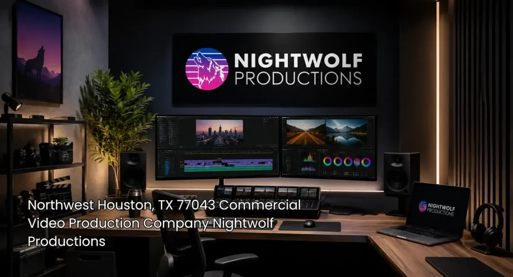 Commercial video production company Houston editing suite with dual monitors, color grading tools, cameras, and studio gear.