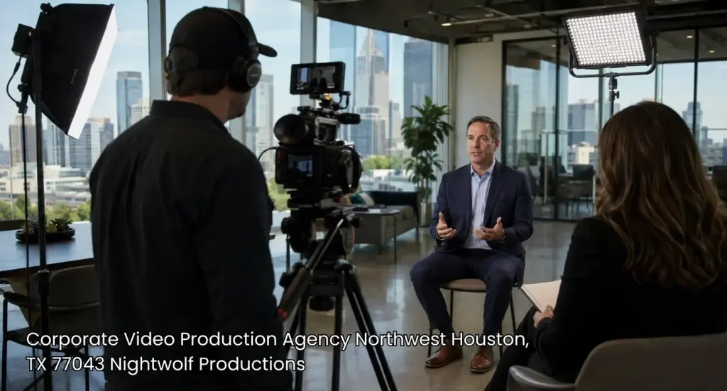 Cameraman filming an executive interview with a premier corporate video production agency Houston crew.