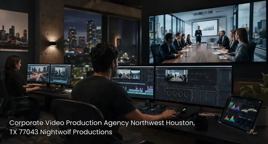 Video editor performing color grading at a top corporate video production agency Houston studio setup.