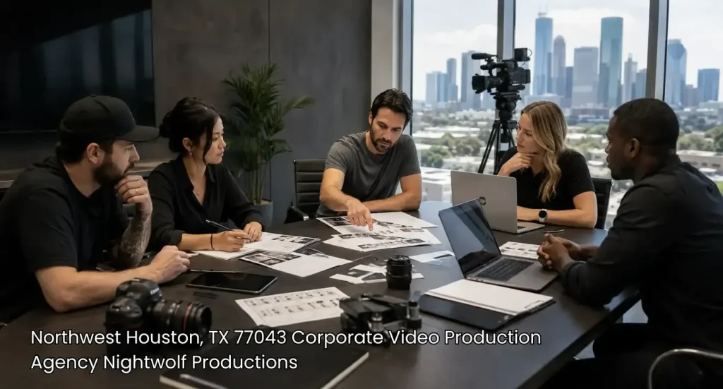 Creative media team planning a shoot at a leading corporate video production agency Houston boardroom.