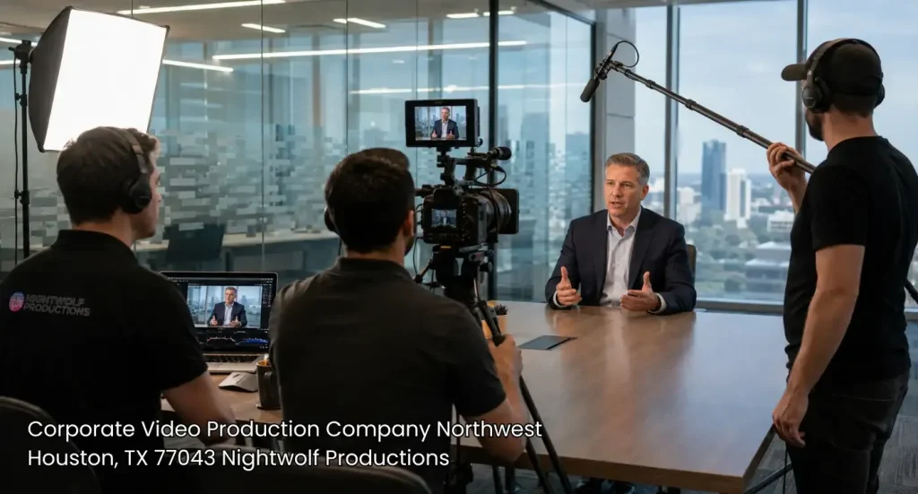 Production crew filming an executive interview led by a corporate video production company Houston businesses hire.