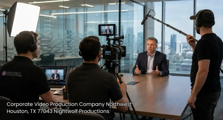 Production crew filming an executive interview led by a corporate video production company Houston businesses hire.