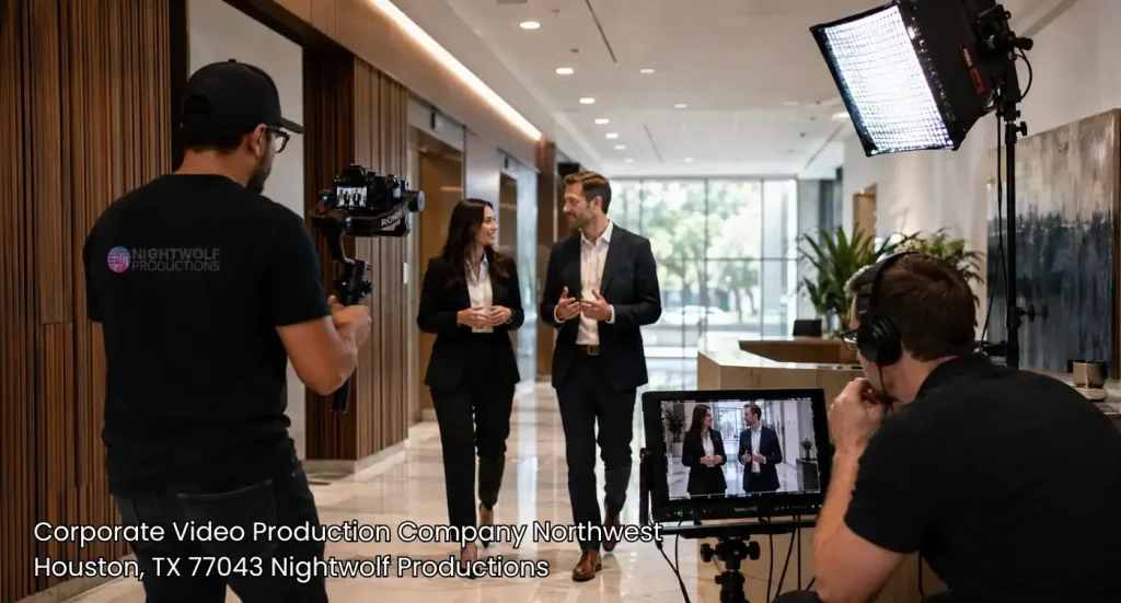 Videographers filming professionals walking in a lobby for a corporate video production company Houston brands trust. 