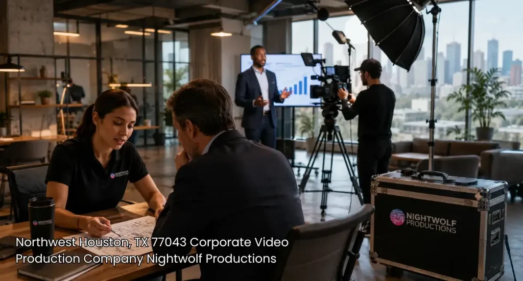Crew members planning storyboards on location with a premier corporate video production company Houston office team. 