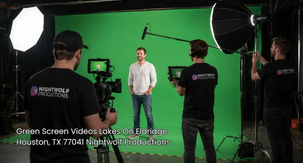 Studio production team using professional camera gear and lighting to record male talent for green screen videos.