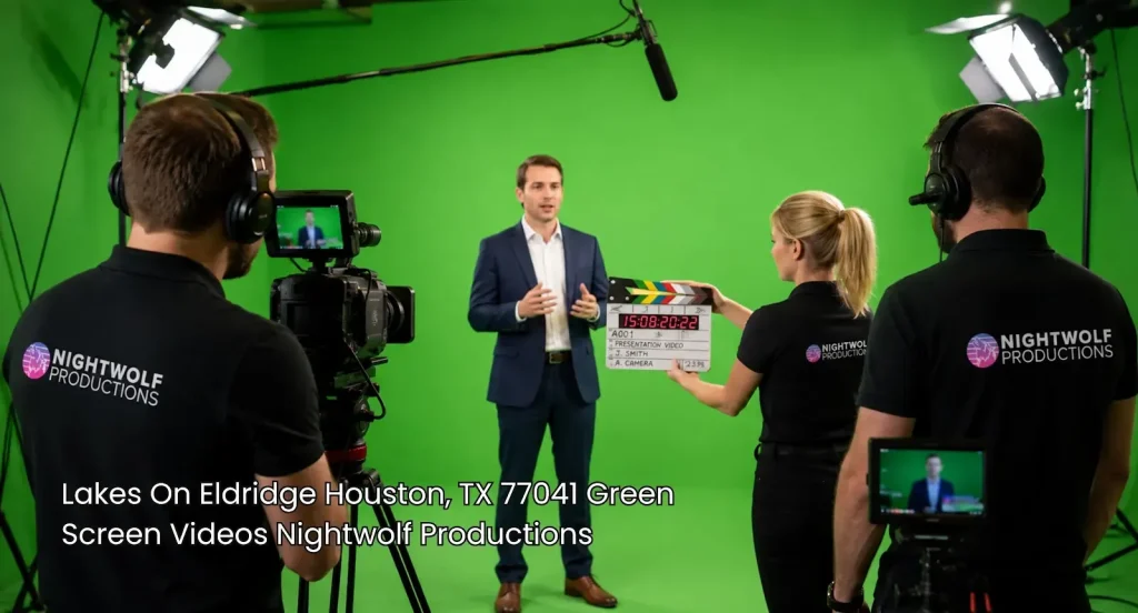 Production crew holding slate board to film professional presenter in suit for commercial green screen videos.