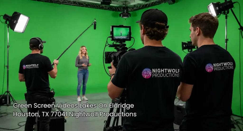Film crew filming a female presenter in a professional studio setup to create high-quality green screen videos.