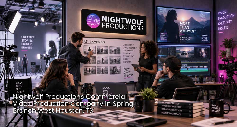 Commercial video production company Houston team plans ad campaigns with storyboards, cameras, lighting, and editing tools.